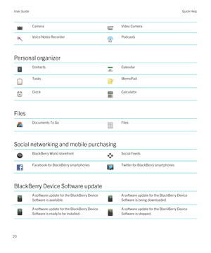Page 20CameraVideo CameraVoice Notes RecorderPodcasts
Personal organizer
ContactsCalendarTasksMemoPadClockCalculator
Files
Documents To GoFiles
Social networking and mobile purchasing
BlackBerry World storefrontSocial FeedsFacebook for BlackBerry smartphonesTwitter for BlackBerry smartphones
BlackBerry Device Software update
A software update for the BlackBerry Device 
Software
 is available.
A software update for the BlackBerry Device 
Software
 is being downloaded.
A software update for the BlackBerry Device...