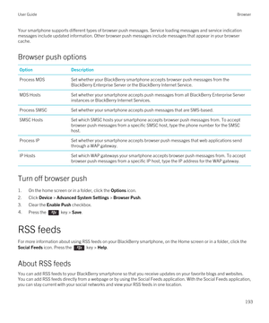 Page 193Your smartphone supports different types of browser push messages. Service loading messages and service indication messages include updated information. Other browser push messages include messages that appear in your browser 
cache.
Browser push options
OptionDescriptionProcess MDSSet whether your BlackBerry smartphone accepts browser push messages from the 
BlackBerry Enterprise Server or the BlackBerry Internet Service.
MDS HostsSet whether your smartphone accepts push messages from all BlackBerry...