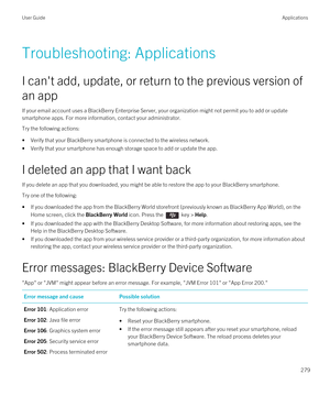 Page 279Troubleshooting: Applications
I can't add, update, or return to the previous version of 
an app
If your email account uses a BlackBerry Enterprise Server, your organization might not permit you to add or update 
smartphone apps. For more information, contact your administrator.
Try the following actions:
•Verify that your BlackBerry smartphone is connected to the wireless network.
•Verify that your smartphone has enough storage space to add or update the app.
I deleted an app that I want back
If you...