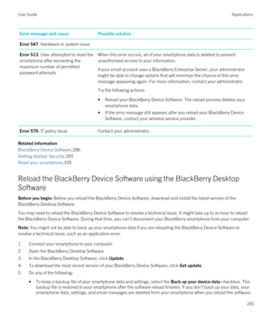 Page 281Error message and causePossible solutionError 547: Hardware or system issueError 513: User attempted to reset the 
smartphone after exceeding the 
maximum number of permitted 
password attemptsWhen this error occurs, all of your smartphone data is deleted to prevent  unauthorized access to your information.
If your email account uses a BlackBerry Enterprise Server, your administrator 
might be able to change options that will minimize the chance of this error  message appearing again. For more...
