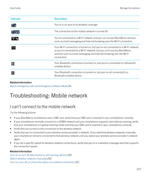 Page 297IndicatorDescriptionYou're in an area of no wireless coverage.The connection to the mobile network is turned off.You're connected to a Wi-Fi network and you can access BlackBerry services 
such as email messaging and Internet browsing over the 
Wi-Fi connection.
Your Wi-Fi connection is turned on, but you're not connected to a Wi-Fi network, 
or you're connected to a 
Wi-Fi network, but you can't access BlackBerry 
services such as email messaging and Internet browsing over the Wi-Fi...