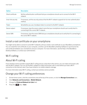 Page 306OptionDescriptionClient certificateSet the authentication certificate that your smartphone should use to connect to the Wi-Fi 
network.
Inner link securityIf necessary, set the security protocol that the Wi-Fi network supports for its inner authentication 
method.TokenSet whether you use a hardware token to connect to the Wi-Fi network.Server subjectIf necessary, type the server subject name that your smartphone should use to verify that it's  connecting to the correct 
Wi-Fi network.
Server SANIf...