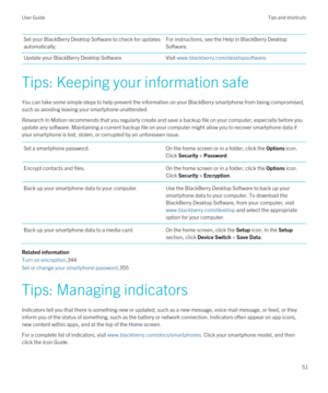 Page 51Set your BlackBerry Desktop Software to check for updates 
automatically
.
For instructions, see the Help in BlackBerry Desktop 
Software
.
Update your BlackBerry Desktop Software.Visit www.blackberry.com/desktopsoftware.
Tips: Keeping your information safe
You can take some simple steps to help prevent the information on your BlackBerry smartphone from being compromised, 
such as avoiding leaving your smartphone unattended.
Research In Motion recommends that you regularly create and save a backup file...