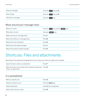 Page 54View text messagesPress the  key and S.View call logsPress the  key and P.View all your messagesPress the  key.
Move around your message inbox
Move up a screenPress the  key and the  key.Move down a screenPress the  key.Move to the top of a message inboxPress TMove to the bottom of a message inboxPress BMove to the next unread itemPress UMove to the next related messagePress JMove to the previous related messagePress K
Shortcuts: Files and attachments
Depending on the typing input language that you are...