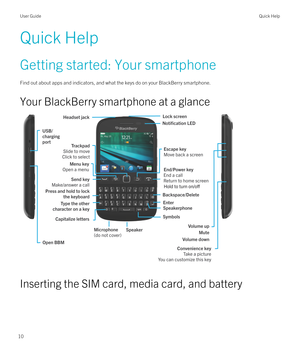 Page 10Quick Help
Getting started: Your smartphone
Find out about apps and indicators, and what the keys do on your BlackBerry smartphone.
Your BlackBerry smartphone at a glance
Inserting the SIM card, media card, and battery
User GuideQuick Help
10 