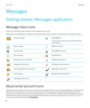 Page 92Messages
Getting started: Messages application
Message inbox icons
These icons indicate the type or status of each message in your inbox.
Depending on your BlackBerry smartphone model and wireless service provider, some of these icons might not appear.
Unread messageNew BBM item
To clear this indicator, open each chat that has this indicator.
Read messageBBM chat is openDraft messageNew BBM Groups itemFiled messageNew RSS itemMessage with an attachmentMessage is being sentMessage is high priorityMessage...