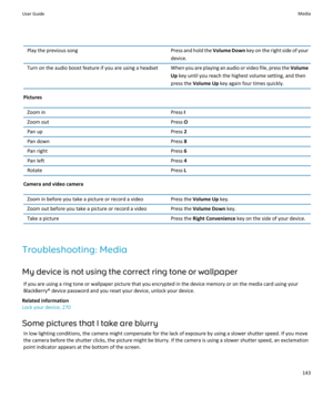 Page 145Play the previous songPress and hold the Volume Down key on the right side of your 
device.Turn on the audio boost feature if you are using a headsetWhen you are playing an audio or video file, press the Volume 
Up
 key until you reach the highest volume setting, and then 
press the 
Volume Up key again four times quickly.
Pictures
Zoom inPress IZoom outPress OPan upPress 2Pan downPress 8Pan rightPress 6Pan leftPress 4RotatePress L
Camera and video camera
Zoom in before you take a picture or record a...