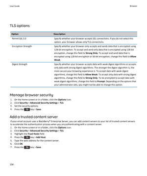 Page 160TLS options
OptionDescriptionPermit SSL 3.0Specify whether your browser accepts SSL connections. If you do not select this 
option, your browser allows only TLS connections.Encryption StrengthSpecify whether your browser only accepts and sends data that is encrypted using 
128-bit encryption. To accept and send only data that is encrypted using 128-bit 
encryption, change this field to 
Strong Only. To accept and send data that is 
encrypted using 128-bit encryption or 56-bit encryption, change this...