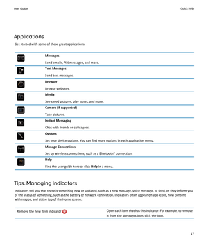 Page 19Applications
Get started with some of these great applications.
Messages
Send emails, PIN messages, and more.
Text Messages
Send text messages.
Browser
Browse websites.
Media
See saved pictures, play songs, and more.
Camera (if supported)
Take pictures.
Instant Messaging 
Chat with friends or colleagues.
Options
Set your device options. You can find more options in each application menu.
Manage Connections
Set up wireless connections, such as a Bluetooth® connection.
Help
Find the user guide here or...