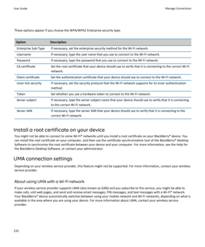 Page 234These options appear if you choose the WPA/WPA2 Enterprise security type.OptionDescriptionEnterprise Sub-TypeIf necessary, set the enterprise security method for the Wi-Fi network.UsernameIf necessary, type the user name that you use to connect to the Wi-Fi network.PasswordIf necessary, type the password that you use to connect to the Wi-Fi network.CA certificateSet the root certificate that your device should use to verify that it is connecting to the correct Wi-Fi 
network.Client certificateSet the...
