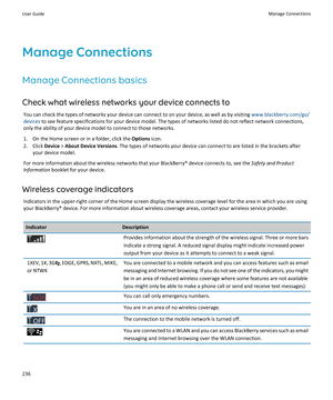 Page 238Manage Connections
Manage Connections basics
Check what wireless networks your device connects to
You can check the types of networks your device can connect to on your device, as well as by visiting www.blackberry.com/go/
devices
 to see feature specifications for your device model. The types of networks listed do not reflect network connections, 
only the ability of your device model to connect to those networks.
1.On the Home screen or in a folder, click the Options icon.
2.Click Device > About Device...