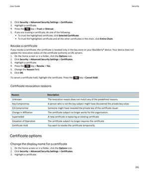 Page 2832.Click Security > Advanced Security Settings > Certificates.
3.Highlight a certificate.
4.Press the  key > Trust or Distrust.
5.If you are trusting a certificate, do one of the following:
•To trust the highlighted certificate, click Selected Certificate.
•To trust the highlighted certificate and all the other certificates in the chain, click Entire Chain.
Revoke a certificate
If you revoke a certificate, the certificate is revoked only in the key store on your BlackBerry® device. Your device does not...