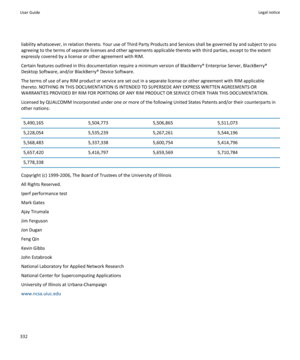 Page 334liability whatsoever, in relation thereto. Your use of Third Party Products and Services shall be governed by and subject to you 
agreeing to the terms of separate licenses and other agreements applicable thereto with third parties, except to the extent 
expressly covered by a license or other agreement with RIM.
Certain features outlined in this documentation require a minimum version of BlackBerry® Enterprise Server, BlackBerry®  Desktop Software, and/or BlackBerry® Device Software.
The terms of use of...