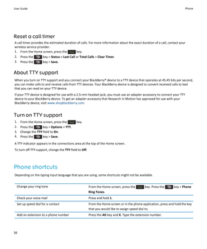 Page 58Reset a call timer
A call timer provides the estimated duration of calls. For more information about the exact duration of a call, contact your wireless service provider.
1.From the Home screen, press the  key.
2.Press the  key > Status > Last Call or Total Calls > Clear Timer.
3.Press the  key > Save.
About TTY support
When you turn on TTY support and you connect your BlackBerry® device to a TTY device that operates at 45.45 bits per second, 
you can make calls to and receive calls from TTY devices....