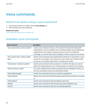 Page 62Voice commands
Perform an action using a voice command
1.On the Home screen or in a folder, click the Voice Dialing icon.
2.After the beep, say a voice command.
Related information
I can't make calls using a voice command, 58
Available voice commands
Voice commandDescription"Call "Say this voice command to make a call. To perform this task with a Bluetooth® enabled device, such as a handsfree car kit or wireless headset, the paired Bluetooth 
enabled device must support this feature and you...