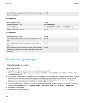 Page 108Move to the last cursor position after closing and reopening afile or an attachmentPress  G
In a spreadsheet
Move to a specific cellPress GView the content of a cellPress the  Space keySwitch worksheetsPress V. Highlight a worksheet. Press the  Enter key.View or hide columns or rowsPress  H
In a presentation
Switch presentation viewsPress MMove to the next slide when viewing a presentation in slide
viewPress  NMove to the previous slide when viewing a presentation in
slide viewPress  PMove to the last...