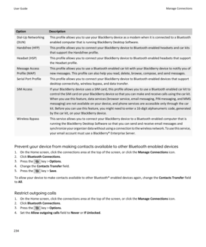 Page 236OptionDescriptionDial-Up Networking
(DUN)This profile allows you to use your BlackBerry device as a modem when it is connected to a Bluetooth
enabled computer that is running BlackBerry Desktop Software.Handsfree (HFP)This profile allows you to connect your BlackBerry device to Bluetooth enabled headsets and car kits
that support the Handsfree profile.Headset (HSP)This profile allows you to connect your BlackBerry device to Bluetooth enabled headsets that support
the Headset profile.Message Access...