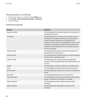 Page 262View properties for a certificate
1. On the Home screen or in a folder, click the  Options icon.
2. Click  Security > Advanced Security Settings  > Certificates .
3. Click a certificate.
Certificate properties
PropertyDescriptionRevocation StatusThis field displays the revocation status of the certificate at a
specified date and time.Trust StatusThis field displays the trust status of the certificate chain. A
certificate can be explicitly trusted (the certificate itself is trusted), implicitly trusted...