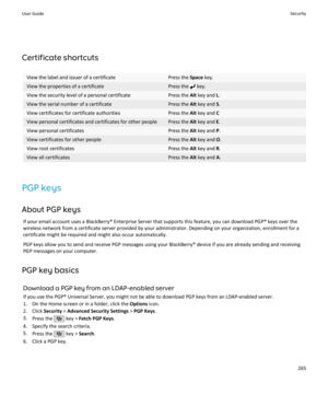 Page 267Certificate shortcuts
View the label and issuer of a certificatePress the Space key.View the properties of a certificatePress the  key.View the security level of a personal certificatePress the  Alt key and  L.View the serial number of a certificatePress the  Alt key and  S.View certificates for certificate authoritiesPress the  Alt key and  CView personal certificates and certificates for other peoplePress the  Alt key and  E.View personal certificatesPress the  Alt key and  P.View certificates for...