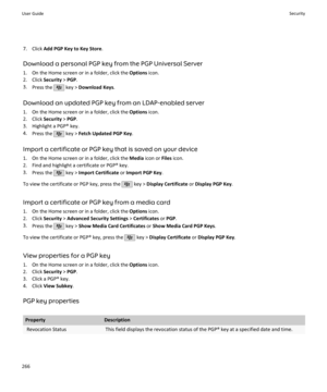 Page 2687. Click Add PGP Key to Key Store .
Download a personal PGP key from the PGP Universal Server 1. On the Home screen or in a folder, click the  Options icon.
2. Click  Security > PGP .
3. Press the 
 key >  Download Keys .
Download an updated PGP key from an LDAP-enabled server 1. On the Home screen or in a folder, click the  Options icon.
2. Click  Security > PGP .
3. Highlight a PGP® key.
4. Press the 
 key >  Fetch Updated PGP Key .
Import a certificate or PGP key that is saved on your device
1. On the...