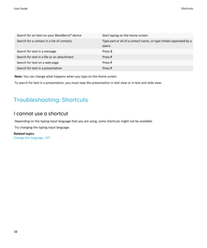 Page 40Search for an item on your BlackBerry® deviceStart typing on the Home screen.Search for a contact in a list of contactsType part or all of a contact name, or type initials separated by aspace.Search for text in a messagePress  SSearch for text in a file or an attachmentPress FSearch for text on a web pagePress FSearch for text in a presentationPress F
Note:  You can change what happens when you type on the Home screen.
To search for text in a presentation, you must view the presentation in text view or...