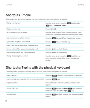 Page 38Shortcuts: Phone
Depending on the typing input language that you're using, some shortcuts might not be available.
Change your ring toneFrom the home screen, press the  key. Press the 
 key > Phone Ring Tones.
Check your voice mailPress and hold 1.Set up a speed dial for a contactFrom the home screen or in the Phone application, press 
and hold the key that you would like to assign speed dial to.Add an extension to a phone numberPress the  key and X. Type the extension number.Type a letter in a phone...
