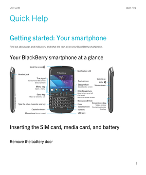 Page 9Quick Help
Getting started: Your smartphone
Find out about apps and indicators, and what the keys do on your BlackBerry smartphone.
Your BlackBerry smartphone at a glance
 
 
Inserting the SIM card, media card, and battery
Remove the battery door
 
User GuideQuick Help
9  