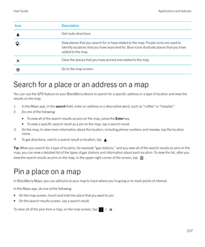 Page 237IconDescriptionGet route directions.View places that you search for or have added to the map. Purple icons are used toidentify locations that you have searched for. Blue icons illustrate places that you have
added to the map.Clear the places that you have pinned and added to the map.Go to the map screen.
Search for a place or an address on a map
You can use the GPS feature on your BlackBerry device to search for a 
specific address or a type of location and view the
results on the map.
1. In the Maps...