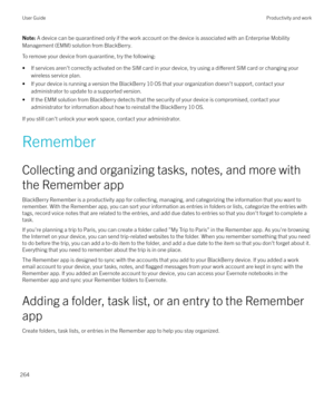 Page 264Note: A device can be quarantined only if the work account on the device is associated with an Enterprise Mobility
Management (EMM) solution from BlackBerry.
To remove your device from quarantine, try the following:
