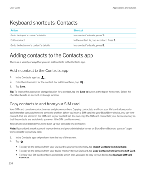 Page 234Keyboard shortcuts: Contacts
ActionShortcutGo to the top of a contact