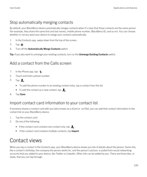 Page 235Stop automatically merging contacts
By default, your BlackBerry device automatically merges contacts when it