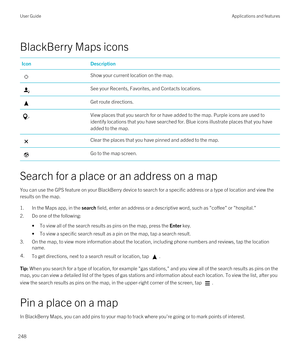 Page 248BlackBerry Maps icons
IconDescriptionShow your current location on the map.See your Recents, Favorites, and Contacts locations.Get route directions.View places that you search for or have added to the map. Purple icons are used to identify locations that you have searched for. Blue icons illustrate places that you have 
added to the map.Clear the places that you have pinned and added to the map.Go to the map screen.
Search for a place or an address on a map
You can use the GPS feature on your BlackBerry...