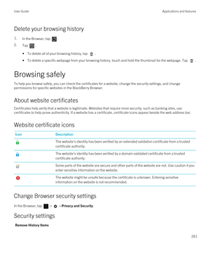Page 261Delete your browsing history
1.In the Browser, tap .
2.Tap . 
