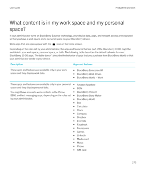 Page 275What content is in my work space and my personal 
space?
If your administrator turns on BlackBerry Balance technology, your device data, apps, and network access are separated 
so that you have a work space and a personal space on your 
BlackBerry device.
Work apps that are open appear with the  icon on the home screen.
Depending on the rules set by your administrator, the apps and features that are part of the BlackBerry 10 OS might be 
available in your work space, personal space, or both. The...