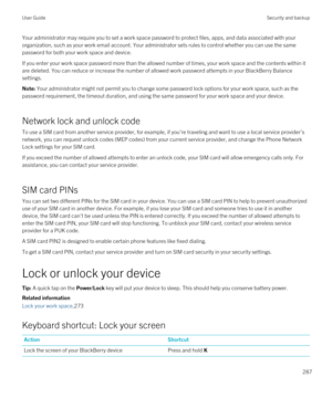 Page 287Your administrator may require you to set a work space password to protect files, apps, and data associated with your 
organization, such as your work email account. Your administrator sets rules to control whether you can use the same 
password for both your work space and device.
If you enter your work space password more than the allowed number of times, your work space and the contents within it  are deleted. You can reduce or increase the number of allowed work password attempts in your 
BlackBerry...