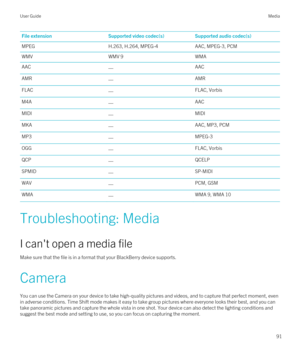 Page 91File extensionSupported video codec(s)Supported audio codec(s)MPEGH.263, H.264, MPEG-4AAC, MPEG-3, PCMWMVWMV 9WMAAAC