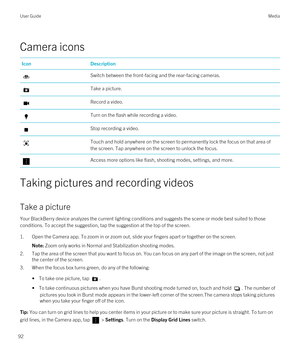 Page 92Camera icons
IconDescriptionSwitch between the front-facing and the rear-facing cameras.Take a picture.Record a video.Turn on the flash while recording a video.Stop recording a video.Touch and hold anywhere on the screen to permanently lock the focus on that area of the screen. Tap anywhere on the screen to unlock the focus.Access more options like flash, shooting modes, settings, and more.
Taking pictures and recording videos
Take a picture
Your BlackBerry device analyzes the current lighting conditions...