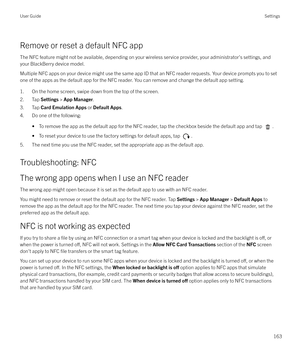 Page 163Remove or reset a default NFC app
The NFC feature might not be available, depending on your wireless service provider, your administrator