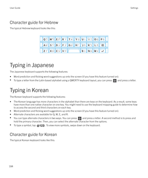 Page 184Character guide for Hebrew
The typical Hebrew keyboard looks like this:  
 
Typing in Japanese The Japanese keyboard supports the following features:
