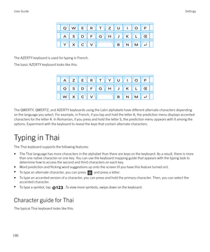 Page 186 
The AZERTY keyboard is used for typing in French. The basic AZERTY keyboard looks like this: 
 
The QWERTY, QWERTZ, and AZERTY keyboards using the Latin alphabets have 
di