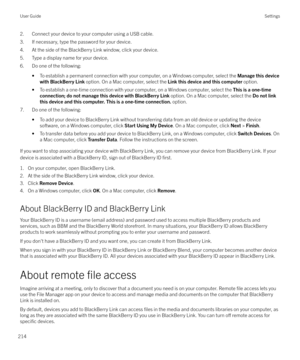 Page 2142. Connect your device to your computer using a USB cable.
3. If necessary, type the password for your device.
4. At the side of the BlackBerry Link window, click your device.
5. Type a display name for your device.
6. Do one of the following:
