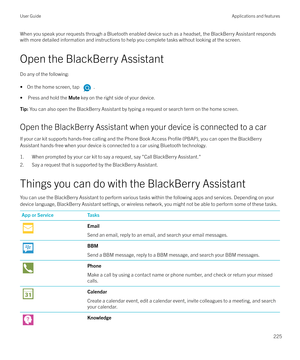 Page 225When you speak your requests through a Bluetooth enabled device such as a headset, the BlackBerry Assistant respondswith more detailed information and instructions to help you complete tasks without looking at the screen.
Open the BlackBerry Assistant
Do any of the following: 