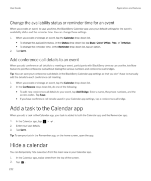 Page 232Change the availability status or reminder time for an event
When you create an event, to save you time, the BlackBerry Calendar app uses your default settings for the event