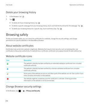 Page 266Delete your browsing history
1.In the Browser, tap .
2.Tap .
