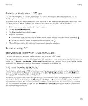 Page 159Remove or reset a default NFC app
The NFC feature might not be available, depending on your service provider, your administrator