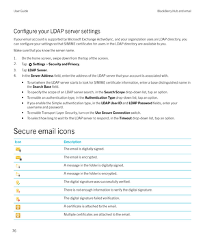 Page 76Configure your LDAP server settings
If your email account is supported by Microsoft Exchange ActiveSync, and your organization uses an LDAP directory, you can 
configure your settings so that S/MIME certificates for users in the LDAP directory are available to you.
Make sure that you know the server name.
1. On the home screen, swipe down from the top of the screen.
2.Tap Settings  > Security and Privacy .
3. Tap LDAP Server .
4. In the  Server Address  
field, enter the address of the LDAP server that...