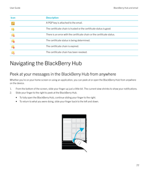 Page 77IconDescriptionA PGP key is attached to the email.The certificate chain is trusted or the certificate status is good.There is an error with the certificate chain or the certificate status.The certificate status is being determined.The certificate chain is expired.The certificate chain has been revoked.
Navigating the BlackBerry Hub
Peek at your messages in the BlackBerry Hub from anywhere Whether you