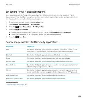 Page 271Set options for Wi-Fi diagnostic reports
When you set options for Wi-Fi diagnostic reports, if you set a default recipient, each time that you submit a Wi-Fi 
diagnostic report, your BlackBerry smartphone sends the report to that recipient. If you want to specify a recipient each 
time that you submit a report, do not set a default recipient.
1.On the home screen or in a folder, click the Options icon.
2.Click Networks and Connections > Wi-Fi Network.
3.Press the  key > Troubleshoot > Wi-Fi Diagnostics....