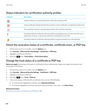 Page 336Status indicators for certification authority profiles
IndicatorDescription A valid certificate is associated with the certificate authority profile. A new certificate is being retrieved because the current certificate is scheduled to expire soon. The enrollment request is pending approval from the certificate authority. Enrollment with the certificate authority profile is pending because an action from the user is required to continue, or because enrollment is scheduled to occur later. Enrollment with...