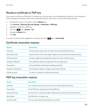 Page 337Revoke a certificate or PGP key
If you revoke a certificate or PGP key, it is revoked only in the key store on your BlackBerry smartphone. Your smartphone 
doesn't update the revocation status on the certificate authority, CRL servers, or on the 
PGP Universal Server.
1.On the home screen or in a folder, click the Options icon.
2.Click Security > Advanced Security Settings > Certificates or PGP keys.
3.Highlight a certificate or PGP key.
4.Press the  key > Revoke > Yes. 
5.Change the Reason field....